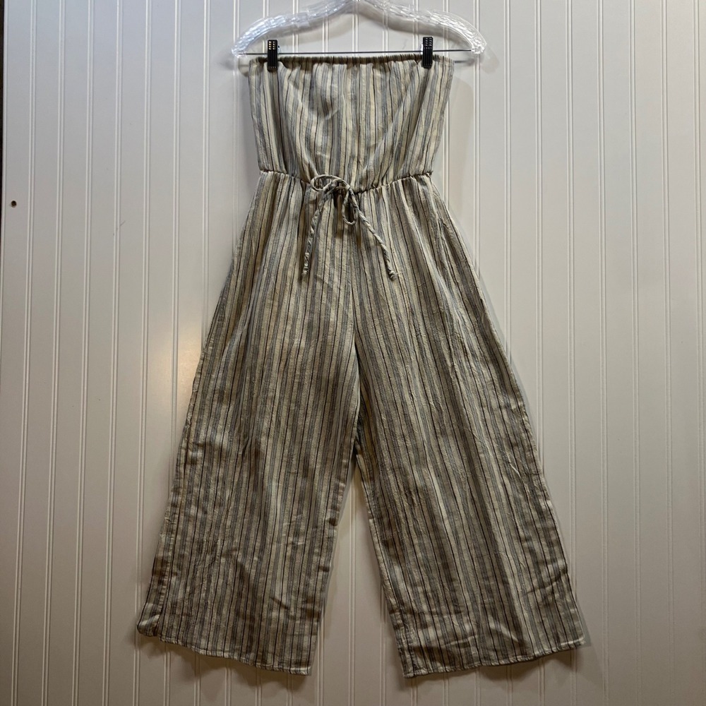 Altard State Womens Strapless Striped Jumpsuit Small Blue Cream Linen Blend Boho
